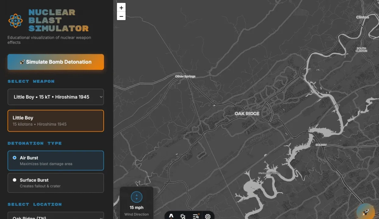 Nuclear bomb map showing blast radius calculation in real-time