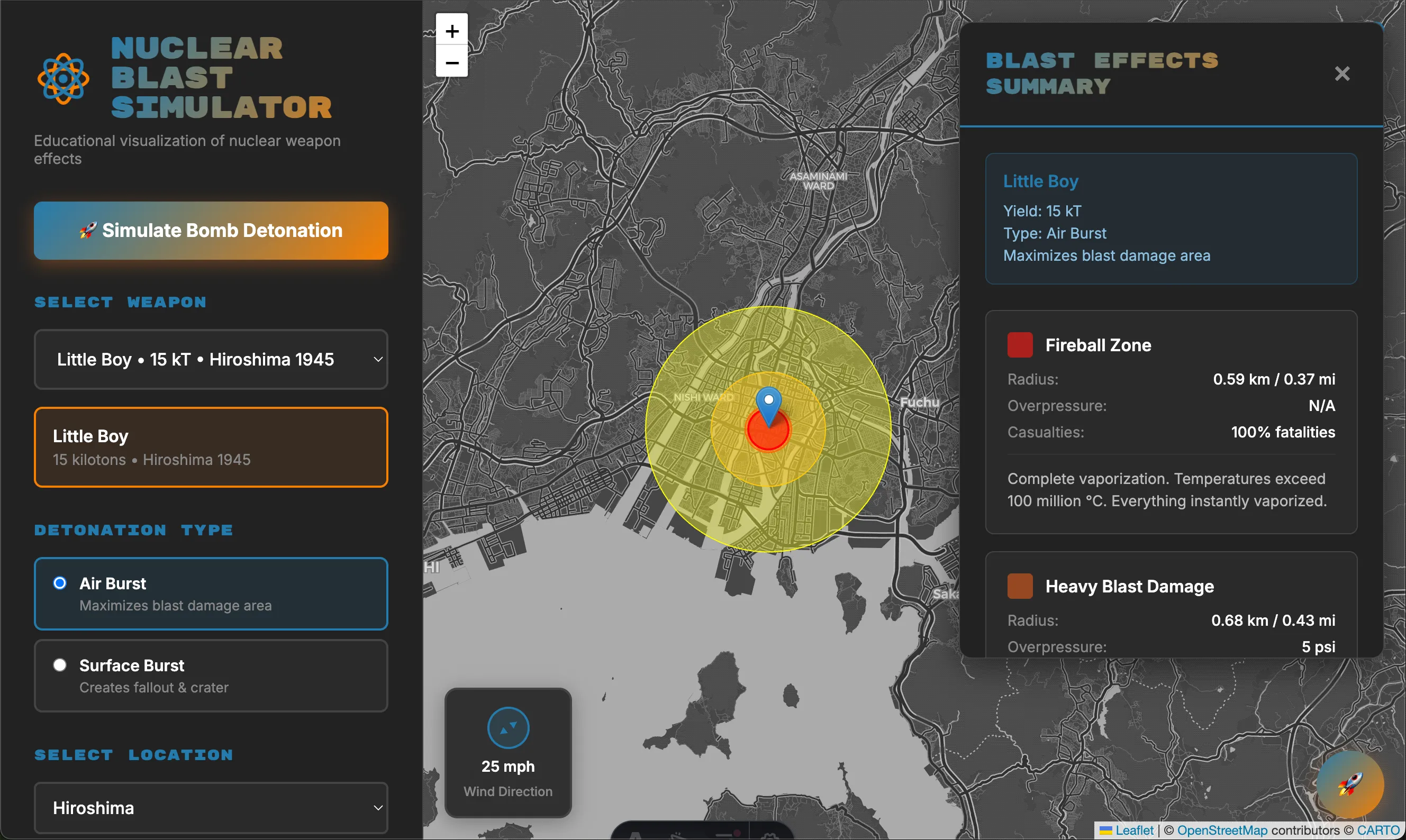 Atomic bomb simulator interface on desktop - interactive nuclear blast radius map