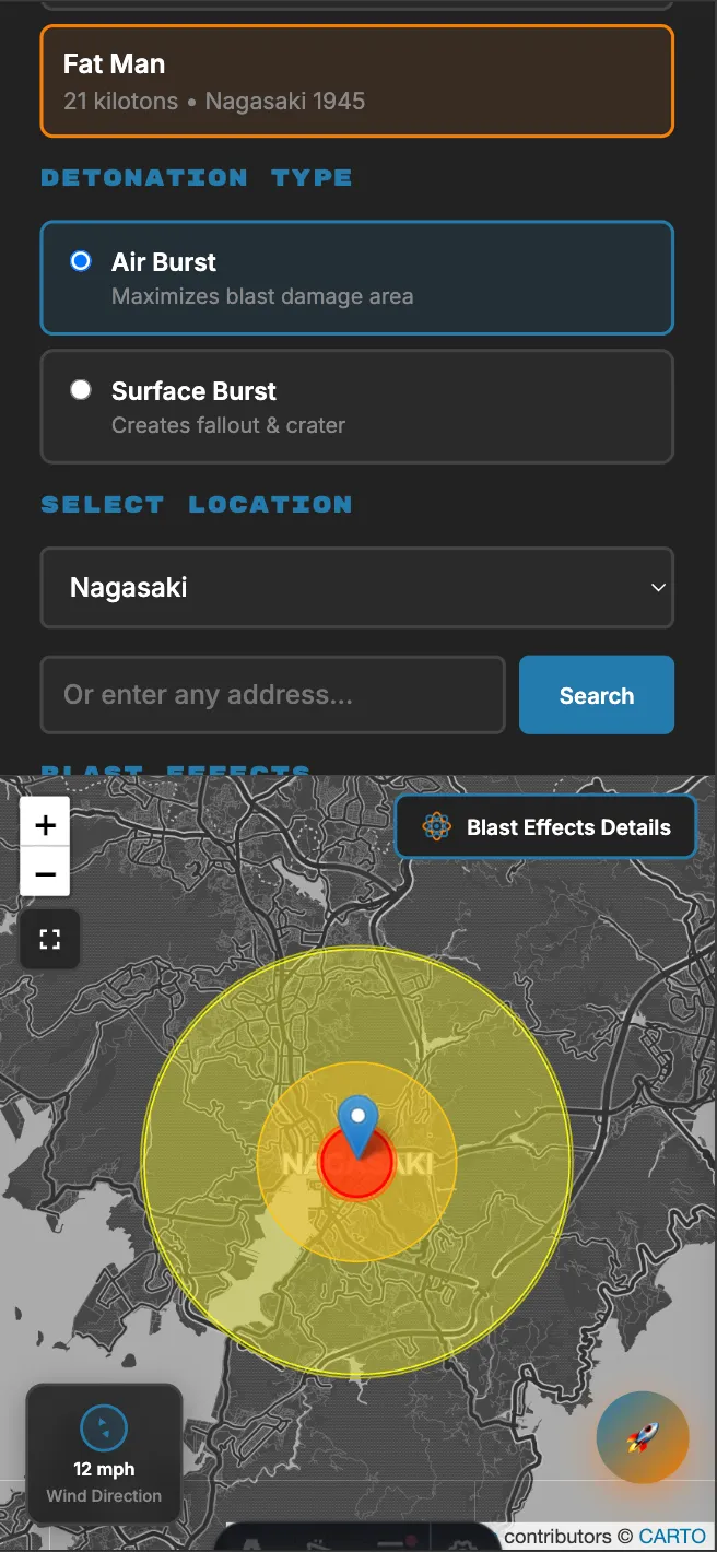 Mobile nuclear bomb simulator - calculate blast effects on any city